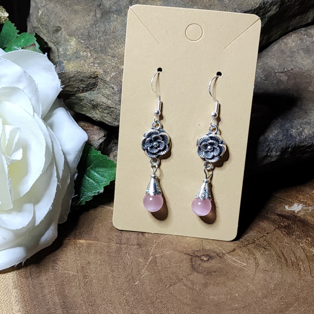 Hand Crafted Dangle Earrings With Pink Cats Eye Beads & Silver Toned Accents